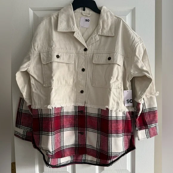 SO Oversized Mixed Media Denim & Flannel Shacket Red & Cream Size S M L XL NWT - Picture 2 of 4